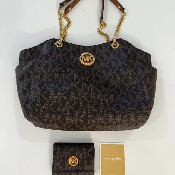 Michael Kors Jet Set Travel Brown Top Zip MK Signature Purse w/ Wallet - Picture 1 of 14